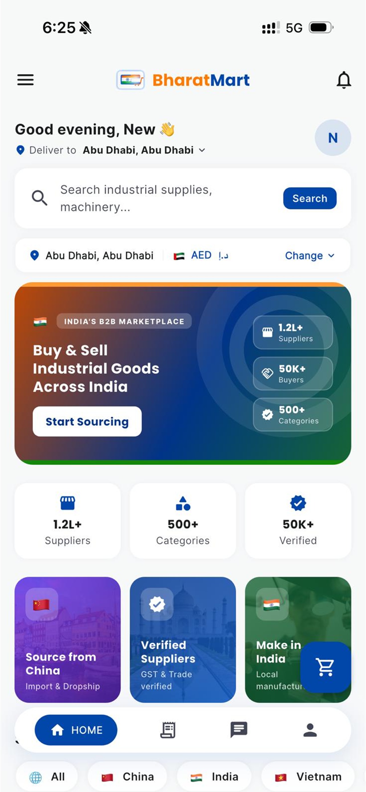 BharatMart app home screen — browse verified B2B suppliers